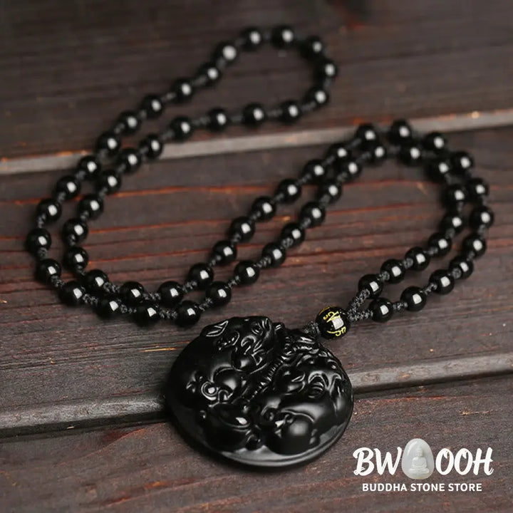 Buddha Stones Black Obsidian Double Pixiu Bead Rope Purification Necklace Pendant - BWOOOH - Black Obsidian - Necklaces
