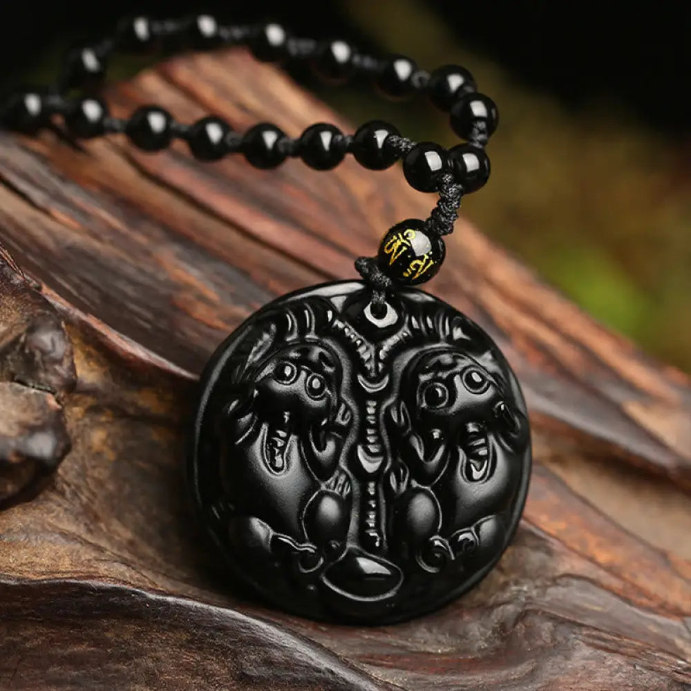 BWOOOH Black Obsidian Double Pixiu Bead Rope Purification Necklace Pendant