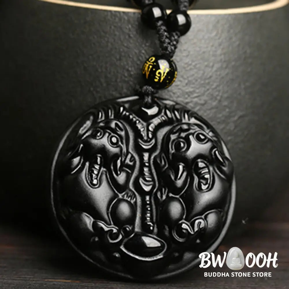 Buddha Stones Black Obsidian Double Pixiu Bead Rope Purification Necklace Pendant - BWOOOH - Black Obsidian - Necklaces