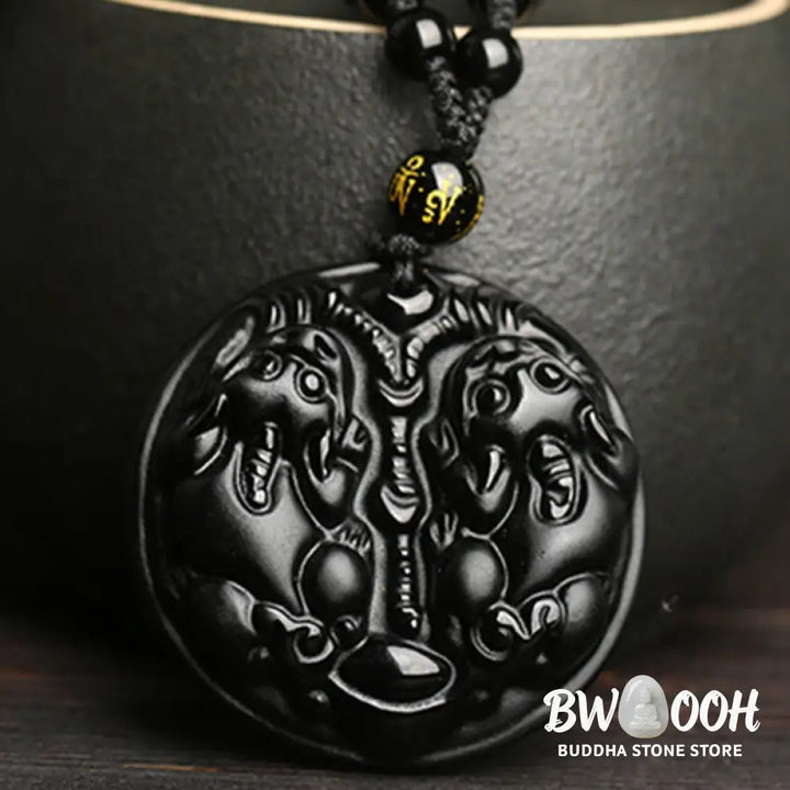 Buddha Stones Black Obsidian Double Pixiu Bead Rope Purification Necklace Pendant - BWOOOH - Black Obsidian - Necklaces