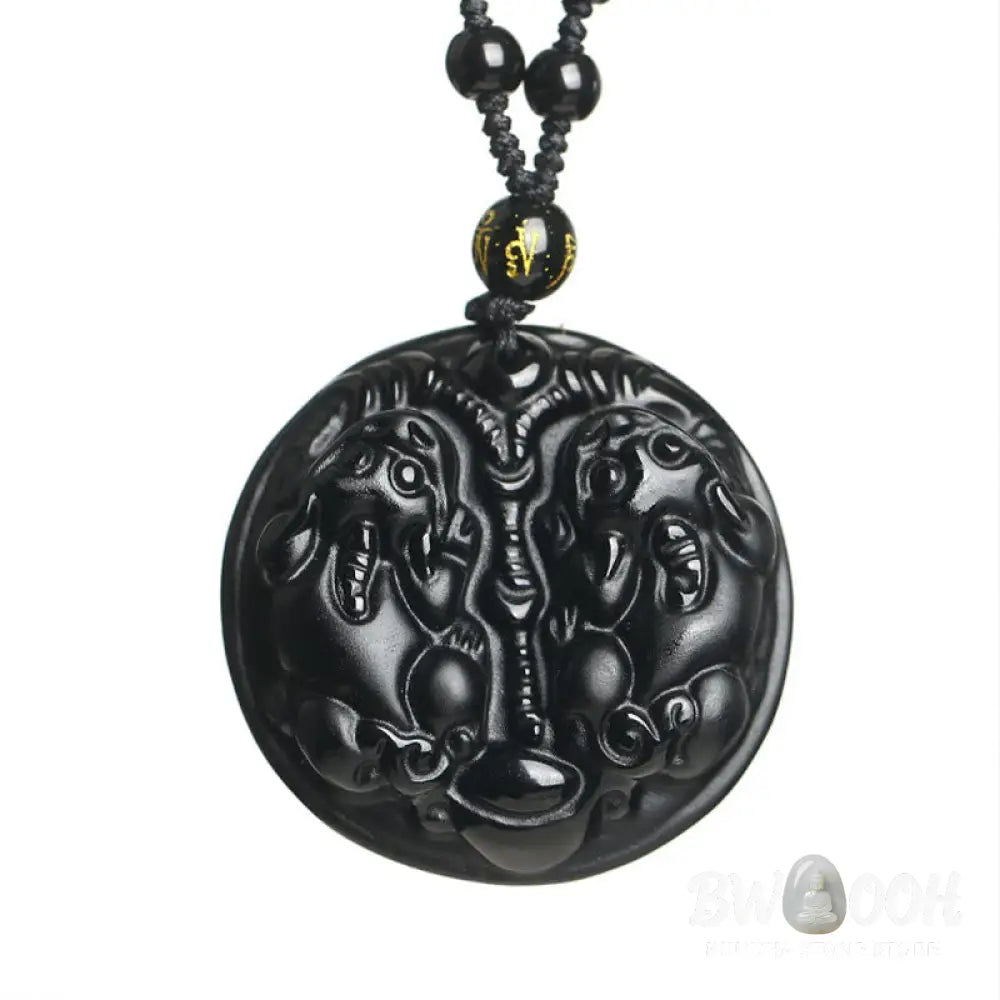 Buddha Stones Black Obsidian Double Pixiu Bead Rope Purification Necklace Pendant - BWOOOH - Black Obsidian - Necklaces