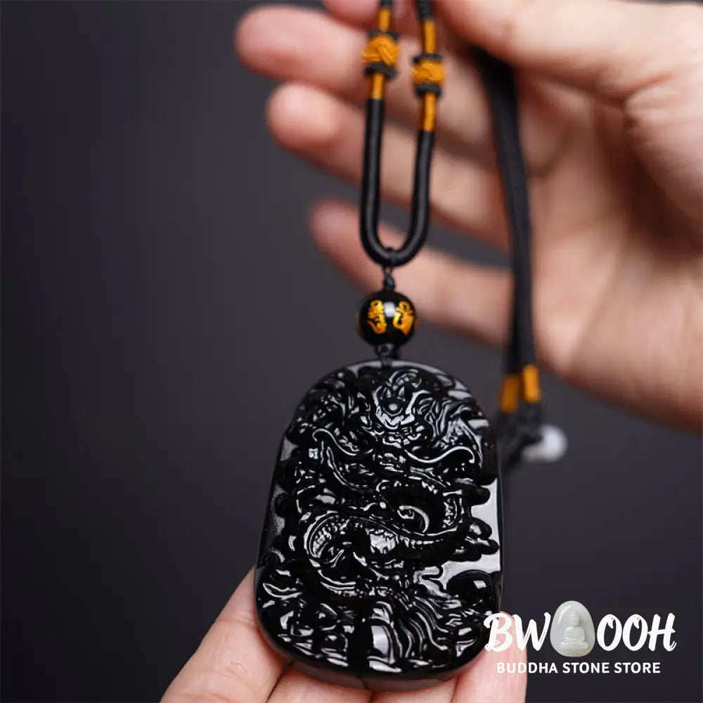 Buddha Stones Black Obsidian Dragon Carved Luck Protection Necklace Pendant - BWOOOH - Necklaces &amp; Pendants