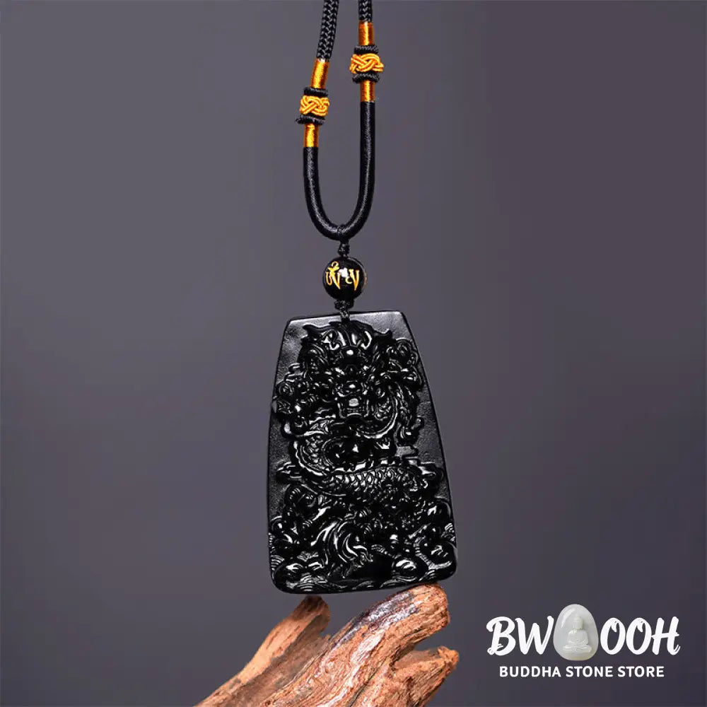 Buddha Stones Black Obsidian Dragon Carved Luck Protection Necklace Pendant - BWOOOH - Necklaces &amp; Pendants