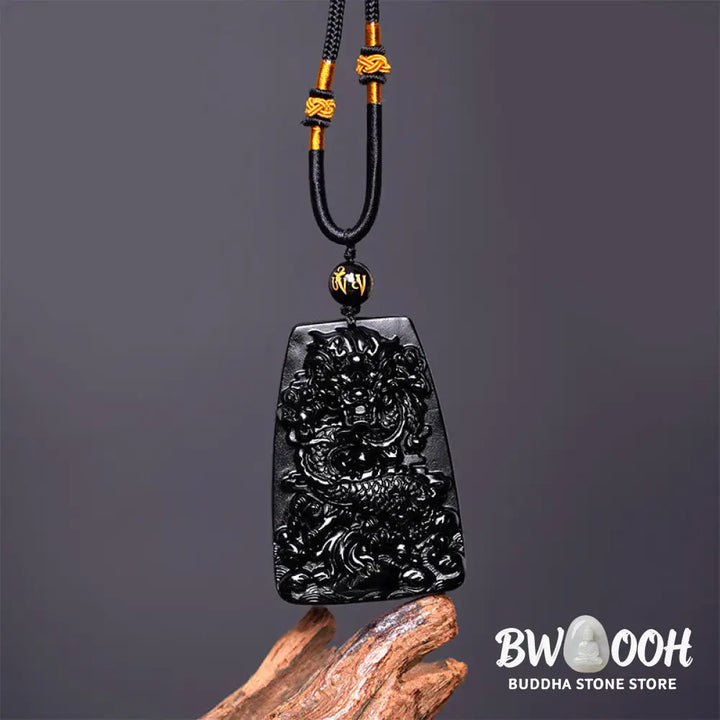 Buddha Stones Black Obsidian Dragon Carved Luck Protection Necklace Pendant - BWOOOH - Necklaces &amp; Pendants