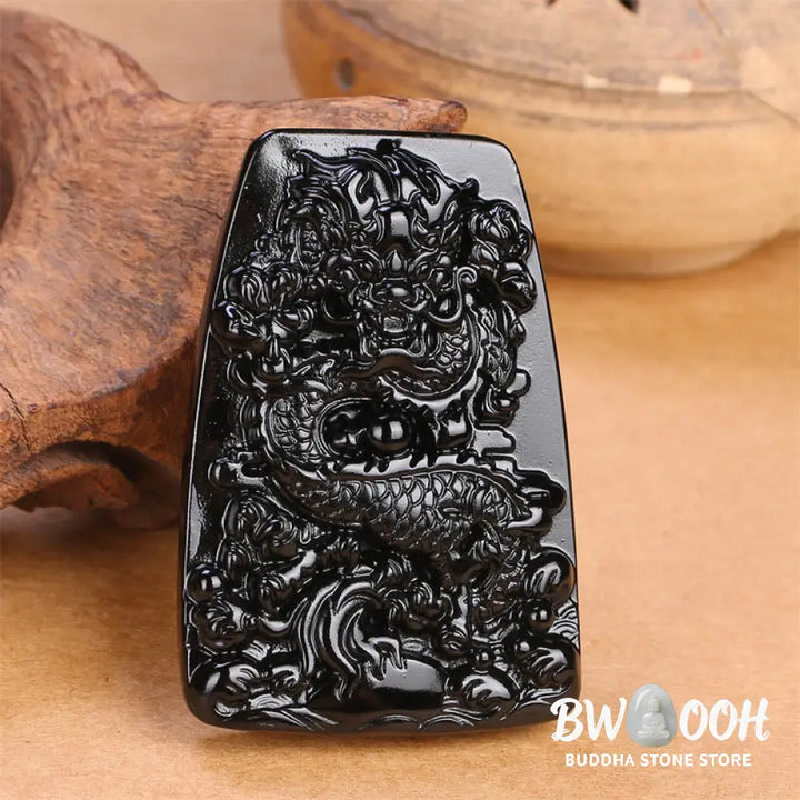 Buddha Stones Black Obsidian Dragon Carved Luck Protection Necklace Pendant - BWOOOH - Necklaces &amp; Pendants