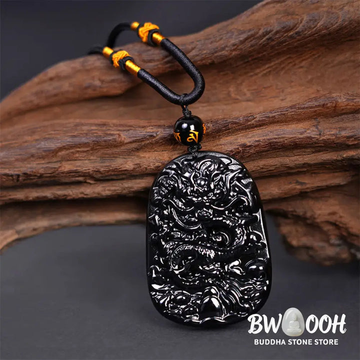 Buddha Stones Black Obsidian Dragon Carved Luck Protection Necklace Pendant - BWOOOH - Necklaces &amp; Pendants