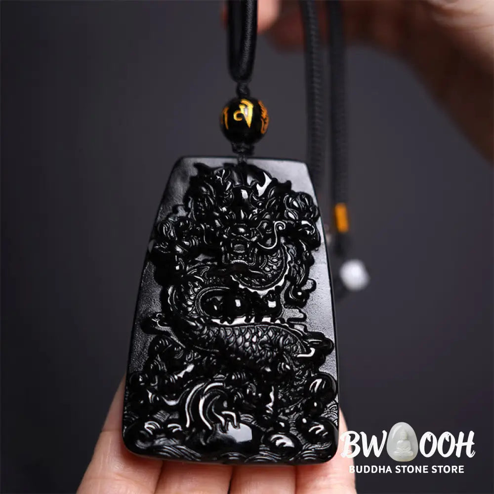 Buddha Stones Black Obsidian Dragon Carved Luck Protection Necklace Pendant - BWOOOH - Necklaces &amp; Pendants