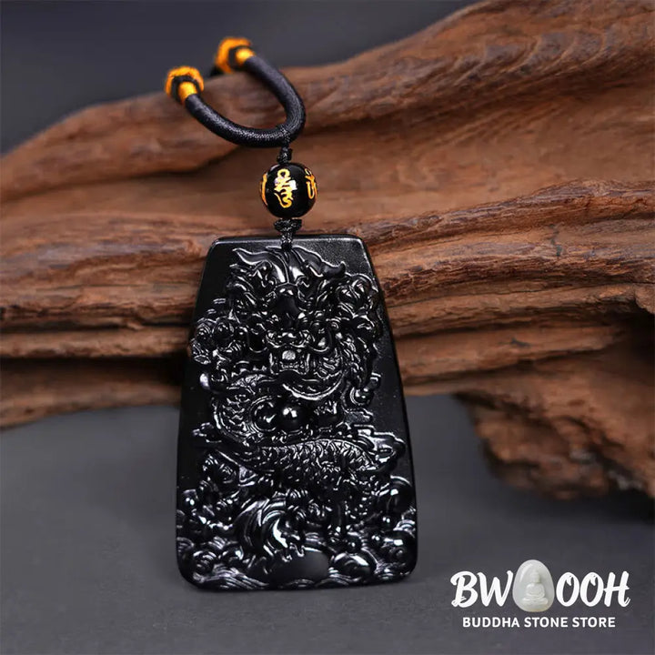 Buddha Stones Black Obsidian Dragon Carved Luck Protection Necklace Pendant - BWOOOH - Necklaces &amp; Pendants