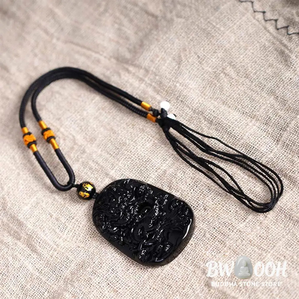 Buddha Stones Black Obsidian Dragon Carved Luck Protection Necklace Pendant - BWOOOH - Necklaces &amp; Pendants