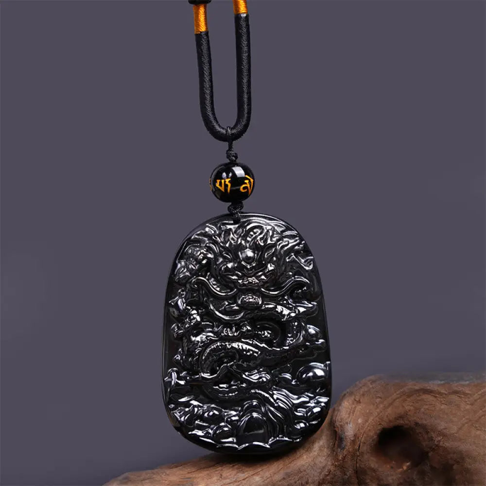 Buddha Stones Black Obsidian Dragon Carved Luck Protection Necklace Pendant - BWOOOH - Oval Dragon 58mm*41mm