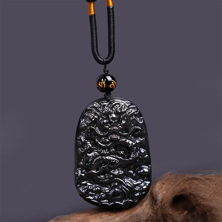 Buddha Stones Black Obsidian Dragon Carved Luck Protection Necklace Pendant - BWOOOH - Oval Dragon 58mm*41mm