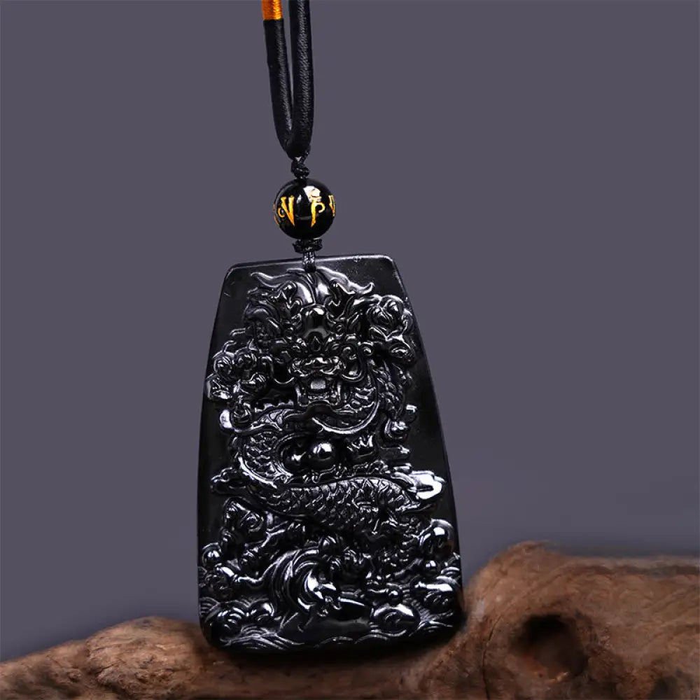 Buddha Stones Black Obsidian Dragon Carved Luck Protection Necklace Pendant - BWOOOH - Trapezoidal Dragon 65mm*44mm