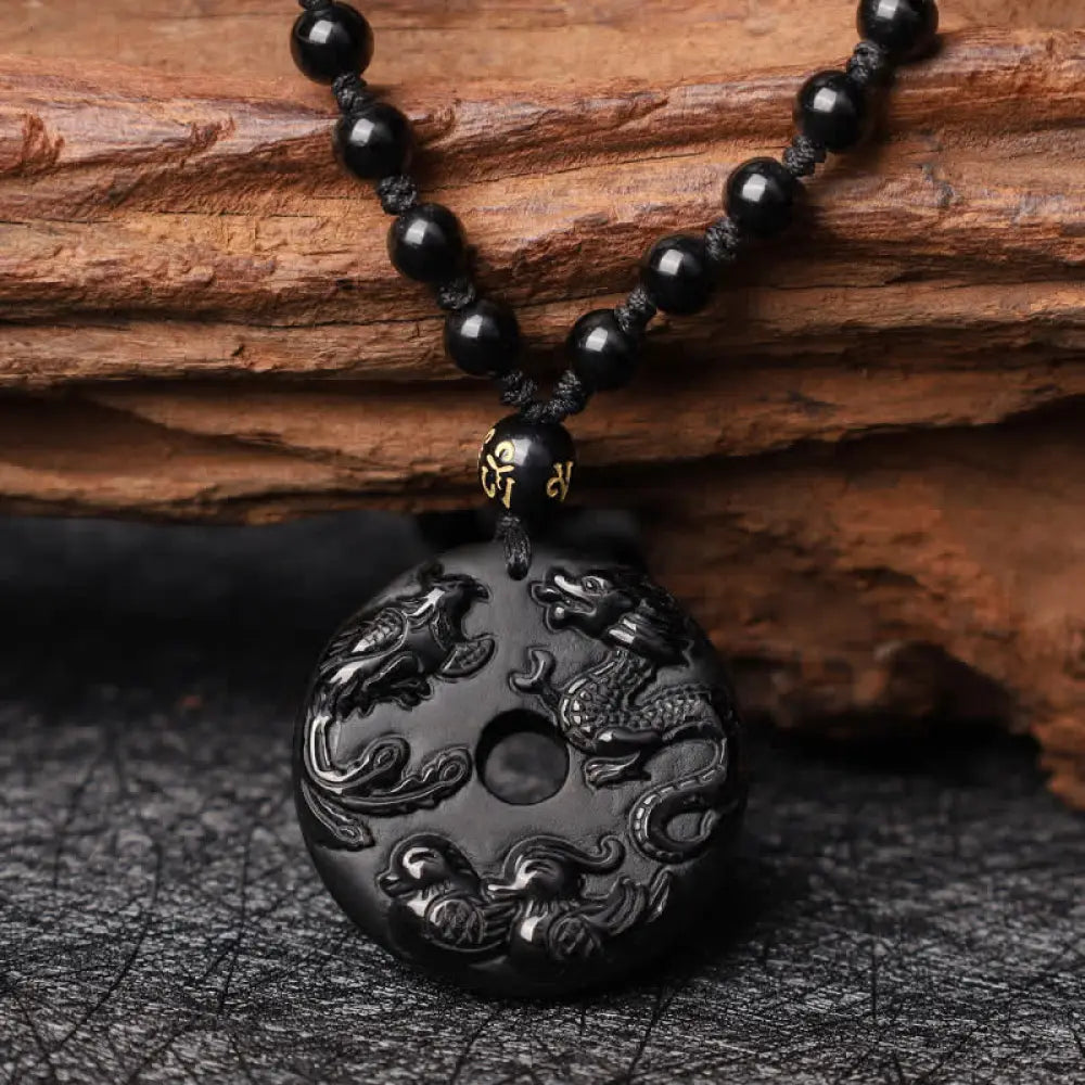 Buddha Stones Black Obsidian Dragon Phoenix Mandarin Duck Luck Protection Necklace Pendant - BWOOOH - 34mm Black