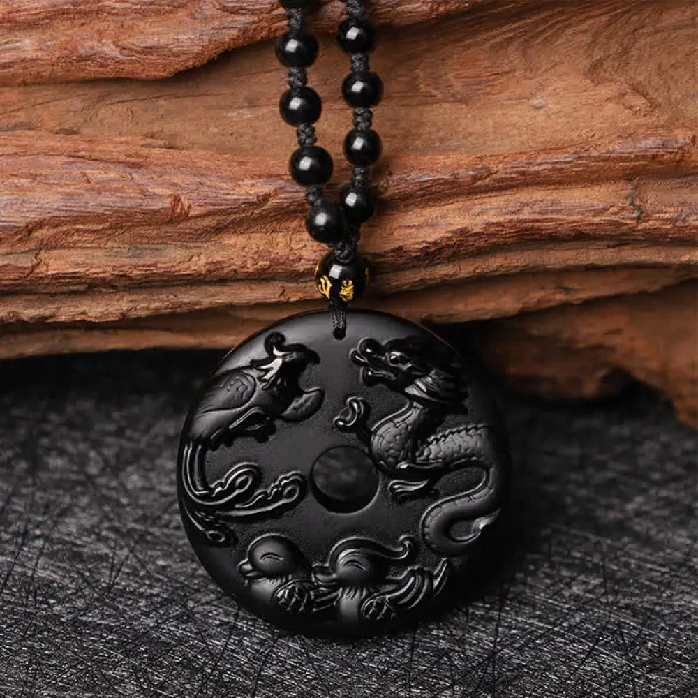 Buddha Stones Black Obsidian Dragon Phoenix Mandarin Duck Luck Protection Necklace Pendant - BWOOOH - 50mm Black