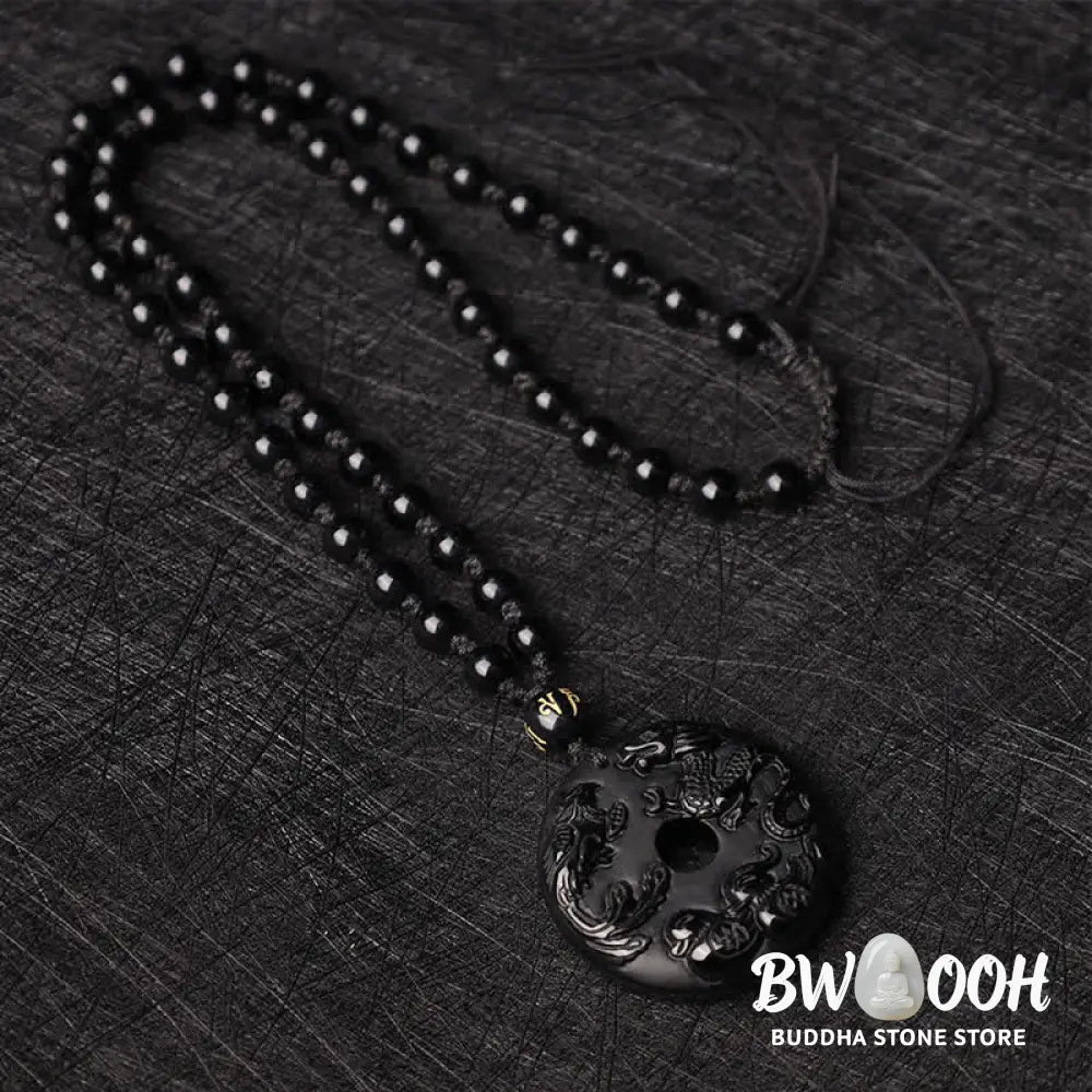 Buddha Stones Black Obsidian Dragon Phoenix Mandarin Duck Luck Protection Necklace Pendant - BWOOOH - Necklaces &amp;
