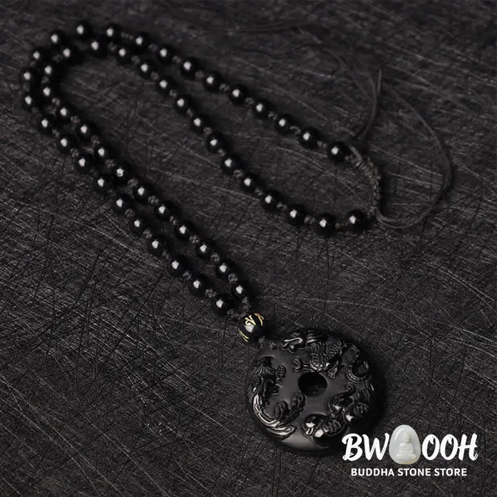 Buddha Stones Black Obsidian Dragon Phoenix Mandarin Duck Luck Protection Necklace Pendant - BWOOOH - Necklaces &amp;