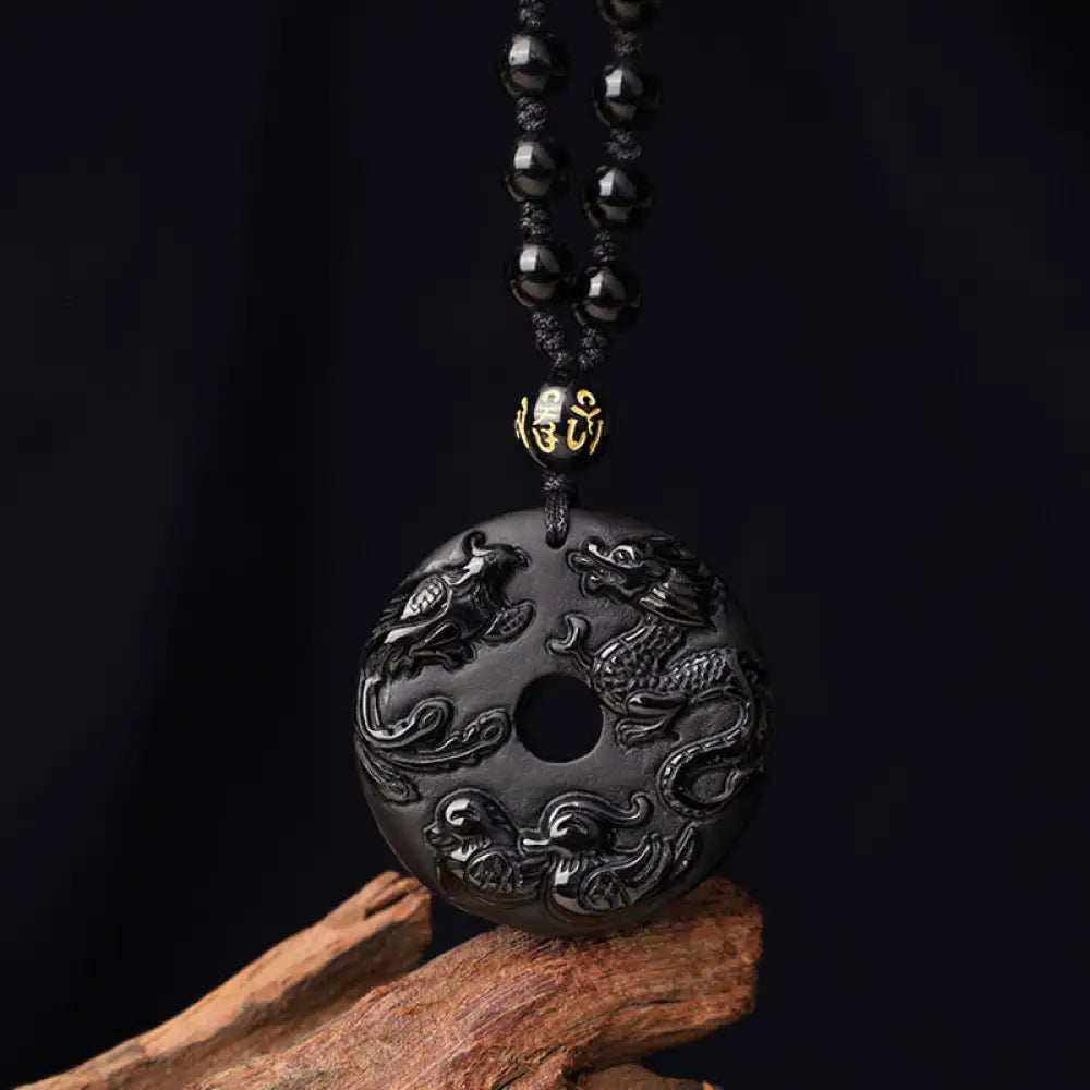 BWOOOH Black Obsidian Dragon Phoenix Mandarin Duck Luck Protection Necklace Pendant 45cm