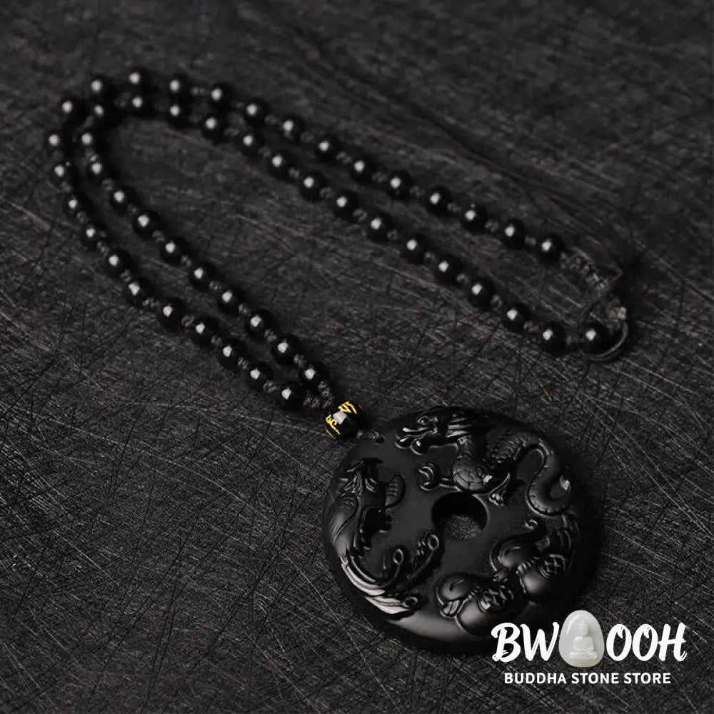 Buddha Stones Black Obsidian Dragon Phoenix Mandarin Duck Luck Protection Necklace Pendant - BWOOOH - Necklaces &amp;