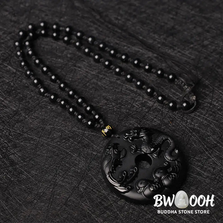 Buddha Stones Black Obsidian Dragon Phoenix Mandarin Duck Luck Protection Necklace Pendant - BWOOOH - Necklaces &amp;