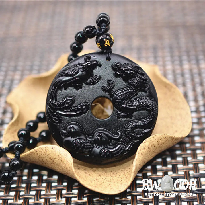 Buddha Stones Black Obsidian Dragon Phoenix Mandarin Duck Luck Protection Necklace Pendant - BWOOOH - Necklaces &amp;
