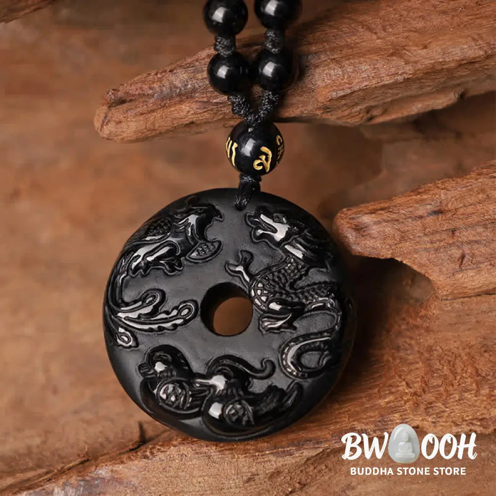 Buddha Stones Black Obsidian Dragon Phoenix Mandarin Duck Luck Protection Necklace Pendant - BWOOOH - Necklaces &amp;