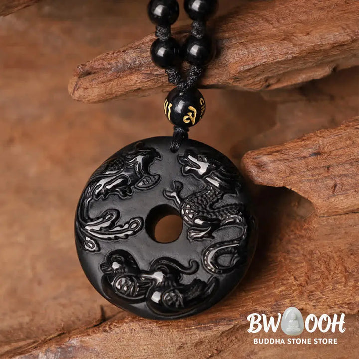 Buddha Stones Black Obsidian Dragon Phoenix Mandarin Duck Luck Protection Necklace Pendant - BWOOOH - Necklaces &amp;