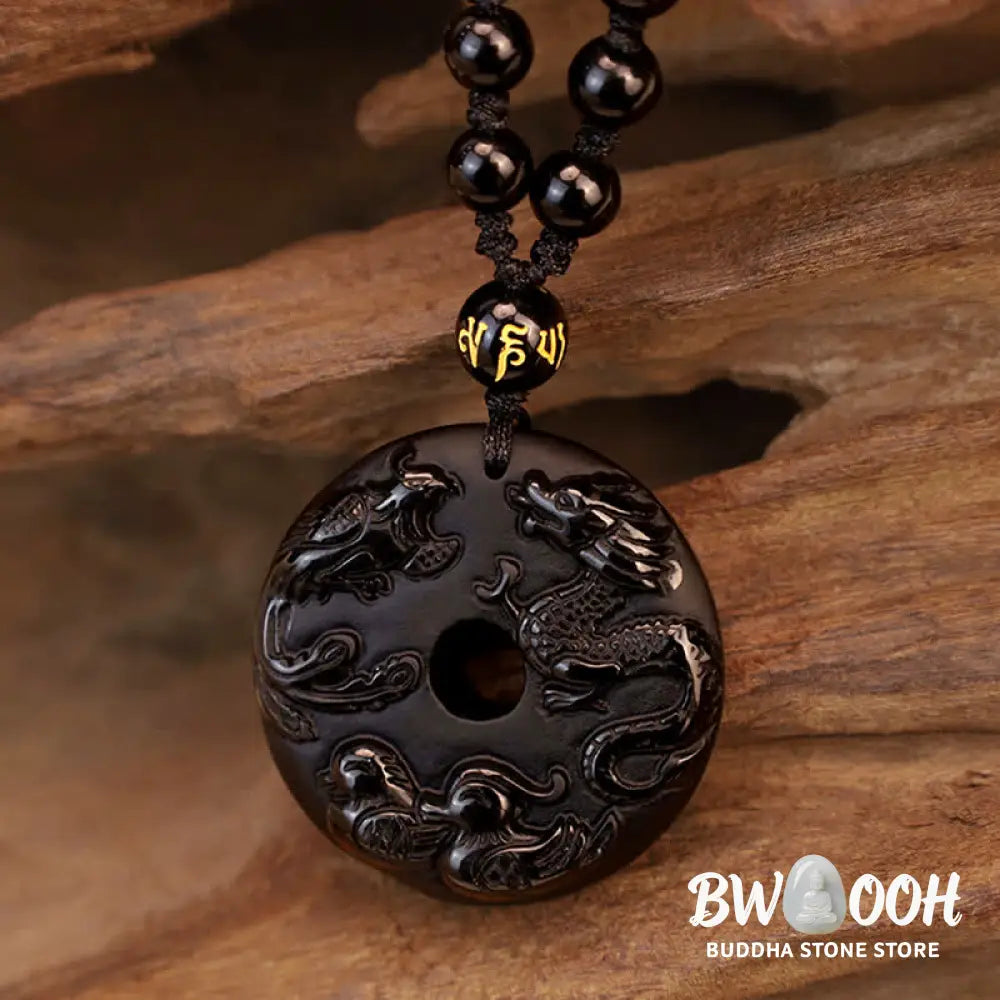 Buddha Stones Black Obsidian Dragon Phoenix Mandarin Duck Luck Protection Necklace Pendant - BWOOOH - Necklaces &amp;