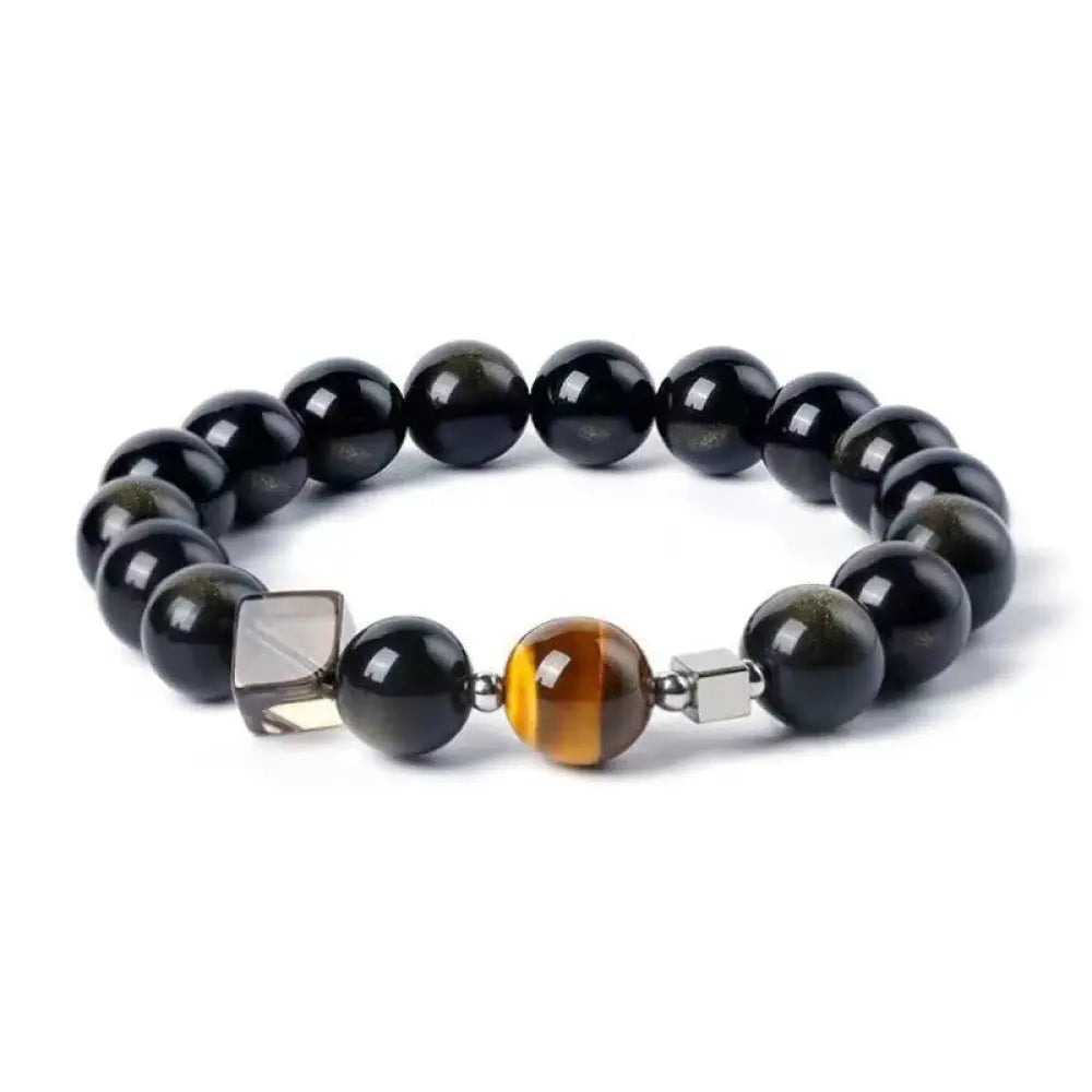 Buddha Stones Black Obsidian Eagle’s Eye Stone Gold Sheen Obsidian Tiger’s Eye Strength Bracelet - BWOOOH - 12mm Gold