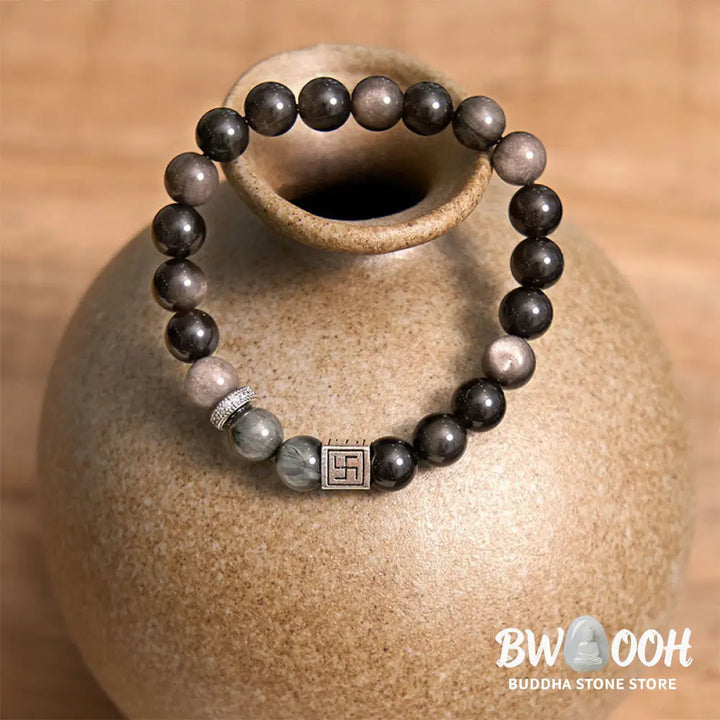 Buddha Stones Black Obsidian Eagle’s Eye Stone Strength Courage Bracelet - BWOOOH - Black Obsidian Eagle’s Eye