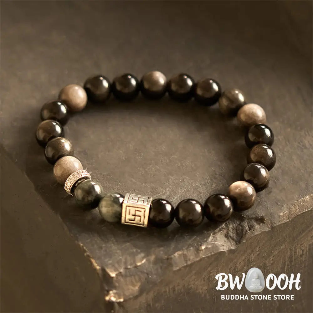 Buddha Stones Black Obsidian Eagle’s Eye Stone Strength Courage Bracelet - BWOOOH - Black Obsidian Eagle’s Eye