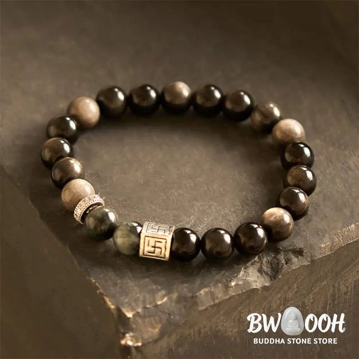 Buddha Stones Black Obsidian Eagle’s Eye Stone Strength Courage Bracelet - BWOOOH - Black Obsidian Eagle’s Eye