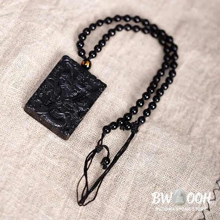 Buddha Stones Black Obsidian Guan Gong Amulet Engraved Strength Necklace Pendant - BWOOOH - Guan Gong(Justice♥Wealth)