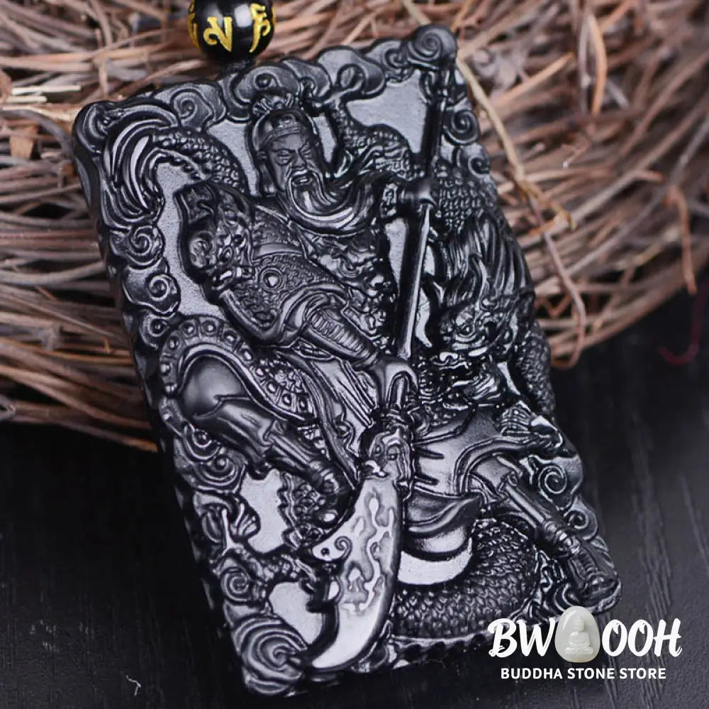Buddha Stones Black Obsidian Guan Gong Amulet Engraved Strength Necklace Pendant - BWOOOH - Guan Gong(Justice♥Wealth)