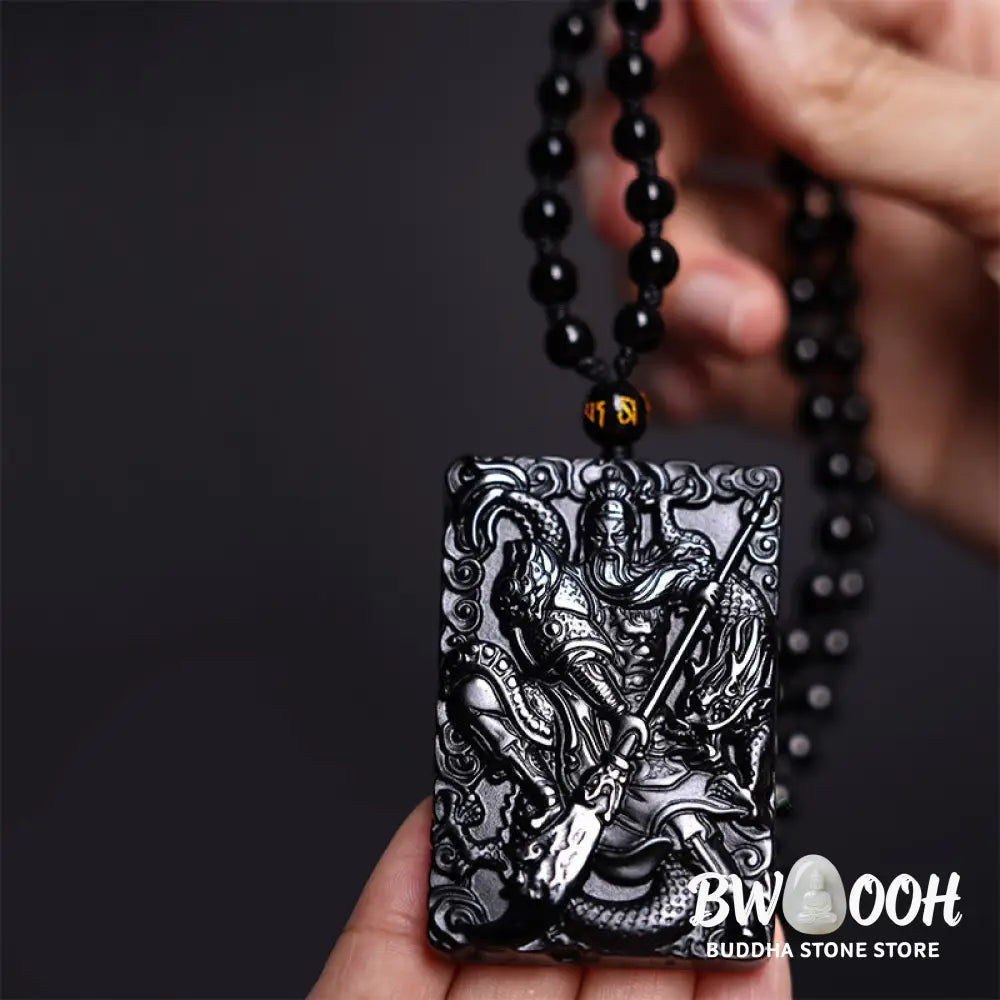 Buddha Stones Black Obsidian Guan Gong Amulet Engraved Strength Necklace Pendant - BWOOOH - Guan Gong(Justice♥Wealth)