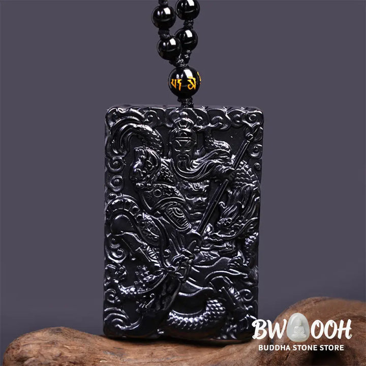 Buddha Stones Black Obsidian Guan Gong Amulet Engraved Strength Necklace Pendant - BWOOOH - Guan Gong(Justice♥Wealth)