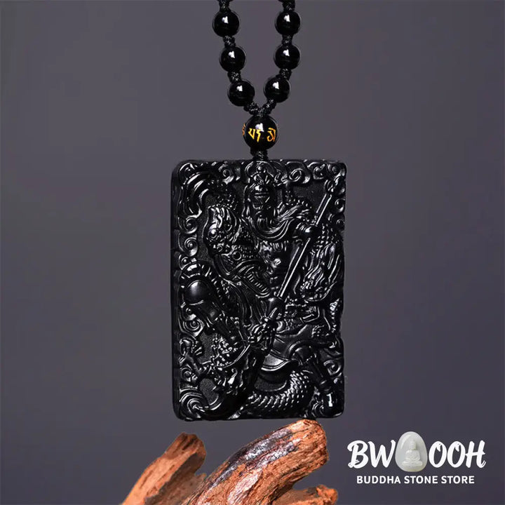 Buddha Stones Black Obsidian Guan Gong Amulet Engraved Strength Necklace Pendant - BWOOOH - Guan Gong(Justice♥Wealth)