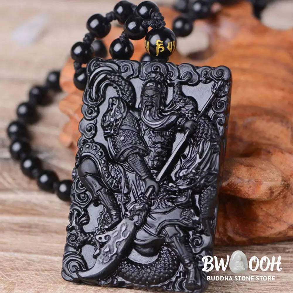 Buddha Stones Black Obsidian Guan Gong Amulet Engraved Strength Necklace Pendant - BWOOOH - Guan Gong(Justice♥Wealth)