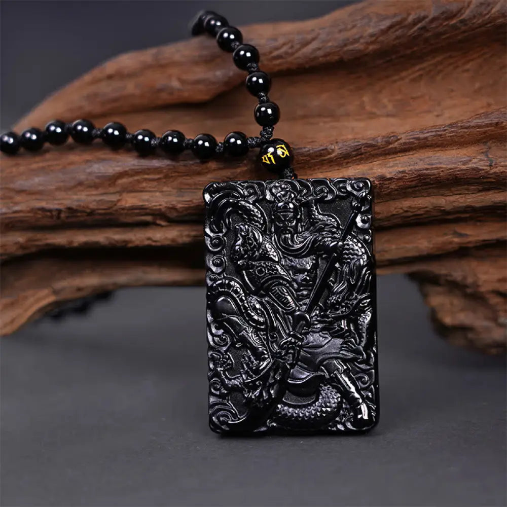 Buddha Stones Black Obsidian Guan Gong Amulet Engraved Strength Necklace Pendant - BWOOOH - Guan Gong(Justice♥Wealth)