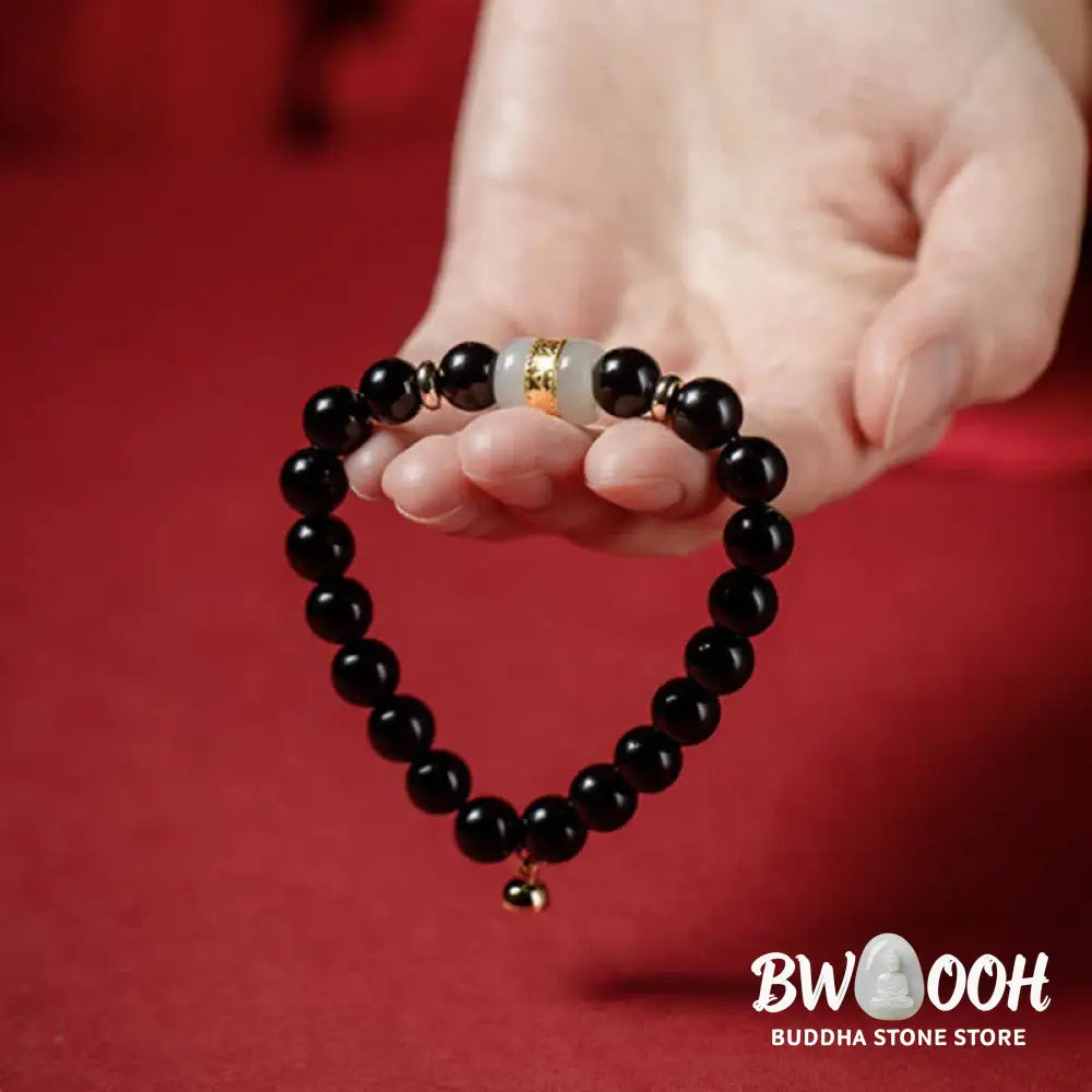BWOOOH Black Obsidian Jade Om Mani Padme Hum Strength Couple Magnetic Bracelet - 8mm - Bracelet