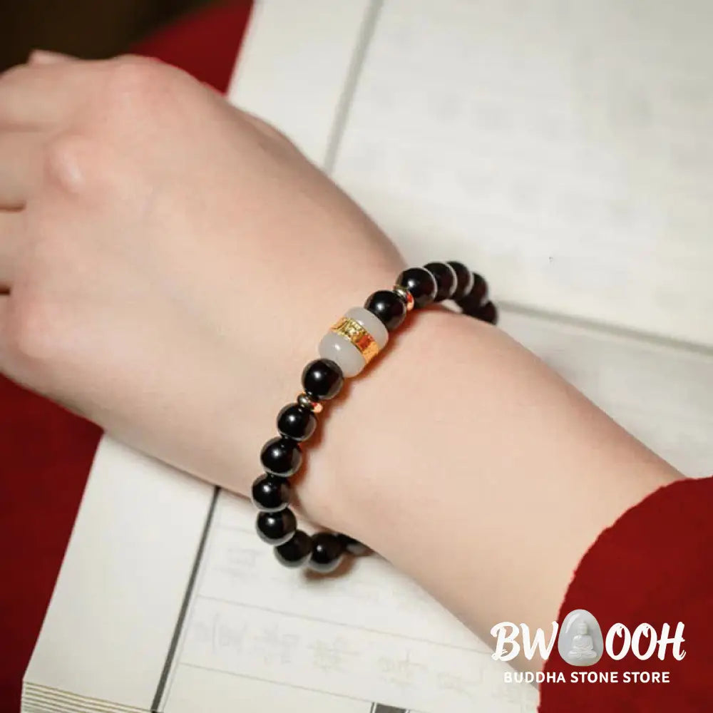 BWOOOH Black Obsidian Jade Om Mani Padme Hum Strength Couple Magnetic Bracelet - 8mm - Bracelet