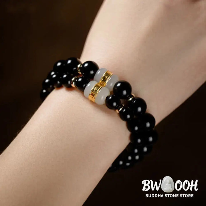 BWOOOH Black Obsidian Jade Om Mani Padme Hum Strength Couple Magnetic Bracelet - 8mm - Bracelet
