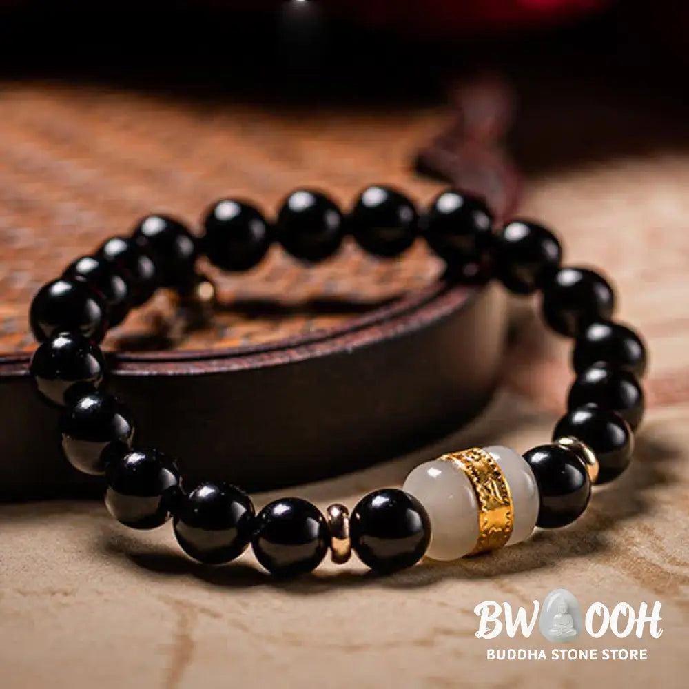 BWOOOH Black Obsidian Jade Om Mani Padme Hum Strength Couple Magnetic Bracelet - 8mm - Bracelet