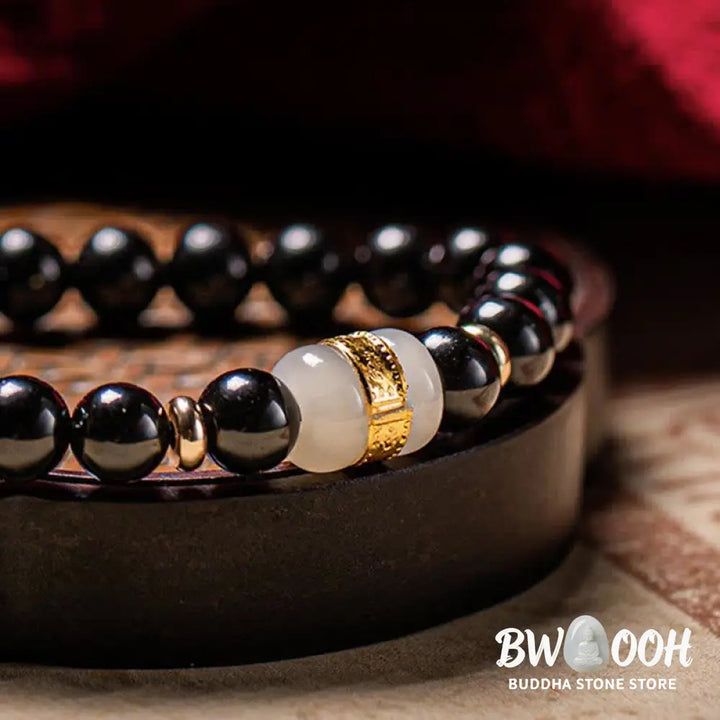 BWOOOH Black Obsidian Jade Om Mani Padme Hum Strength Couple Magnetic Bracelet - 8mm - Bracelet