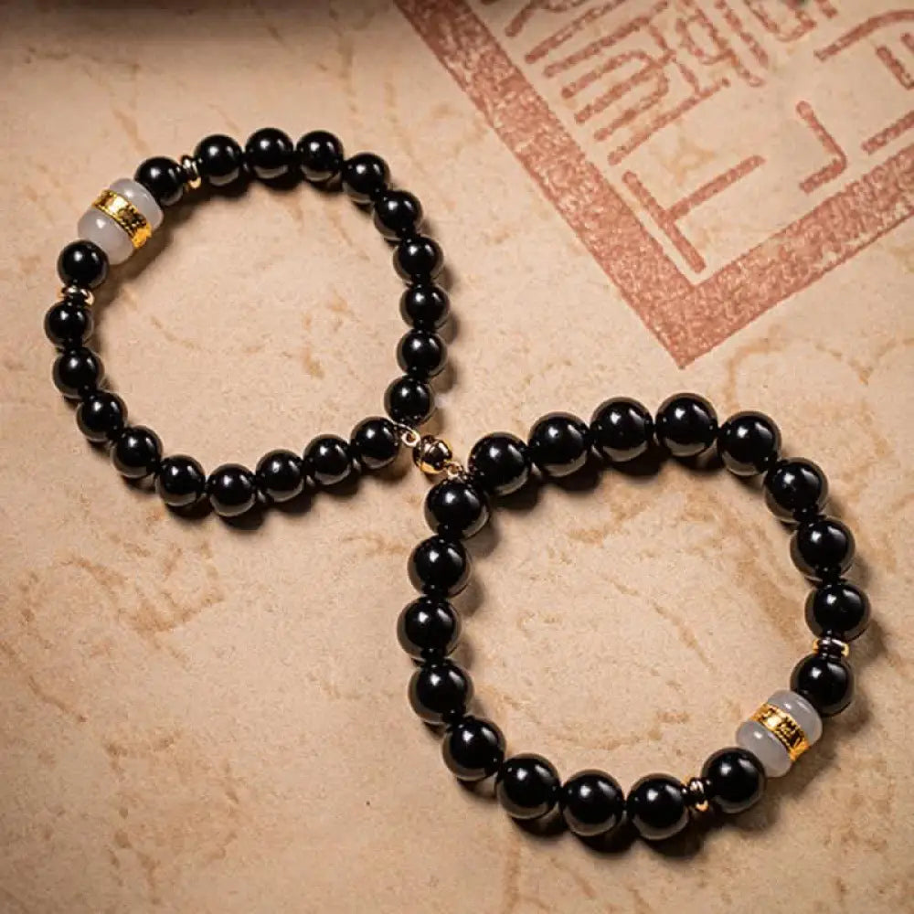 BWOOOH Black Obsidian Jade Om Mani Padme Hum Strength Couple Magnetic Bracelet - 8mm - Bracelet