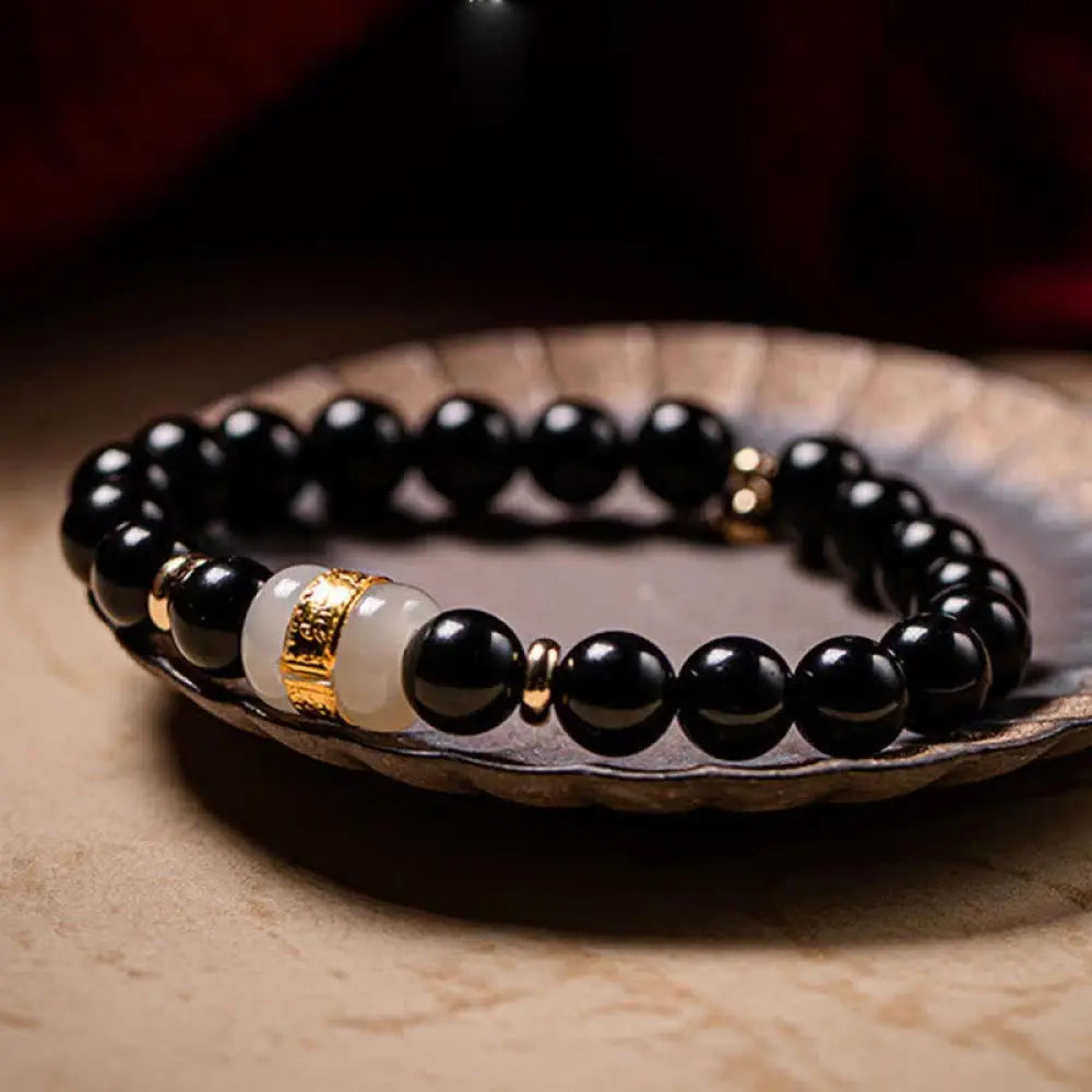 BWOOOH Black Obsidian Jade Om Mani Padme Hum Strength Couple Magnetic Bracelet - 8mm - Bracelet