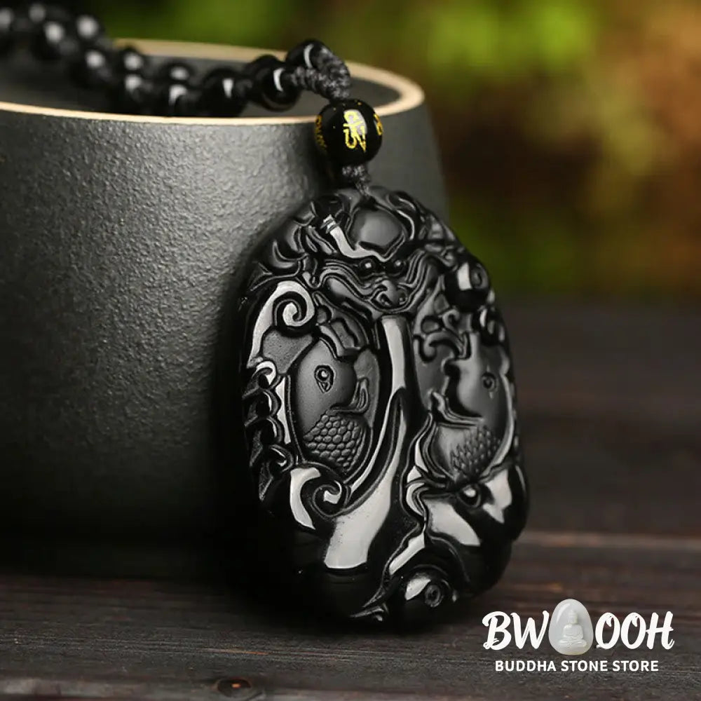 Buddha Stones Black Obsidian Koi Fish Bead Rope Fulfilment Strength Necklace Pendant - BWOOOH - Black Obsidian