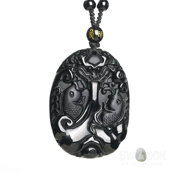 Buddha Stones Black Obsidian Koi Fish Bead Rope Fulfilment Strength Necklace Pendant - BWOOOH - Black Obsidian
