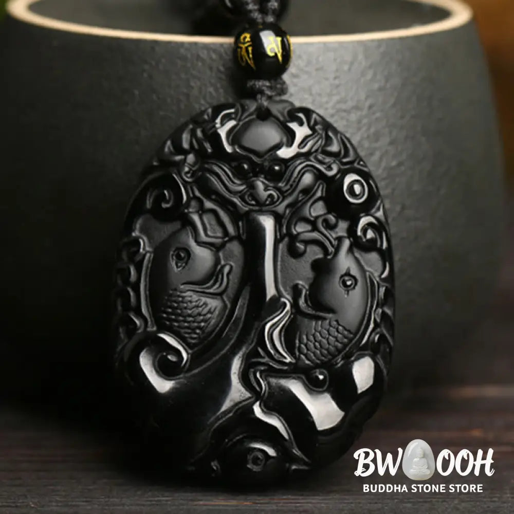 Buddha Stones Black Obsidian Koi Fish Bead Rope Fulfilment Strength Necklace Pendant - BWOOOH - Black Obsidian