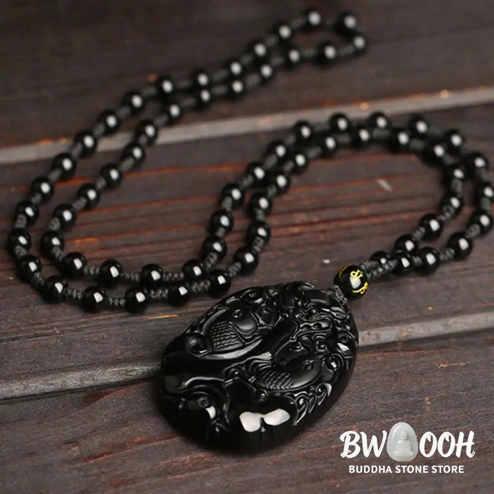 Buddha Stones Black Obsidian Koi Fish Bead Rope Fulfilment Strength Necklace Pendant - BWOOOH - Black Obsidian