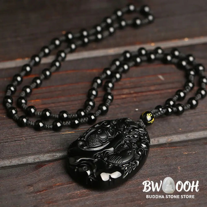 Buddha Stones Black Obsidian Koi Fish Bead Rope Fulfilment Strength Necklace Pendant - BWOOOH - Black Obsidian